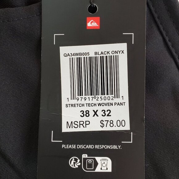 NWT QUICKSILVER SZ 38x32 Men's Stretch Tech Woven Slim Fit Pants in Black - Picture 9 of 12